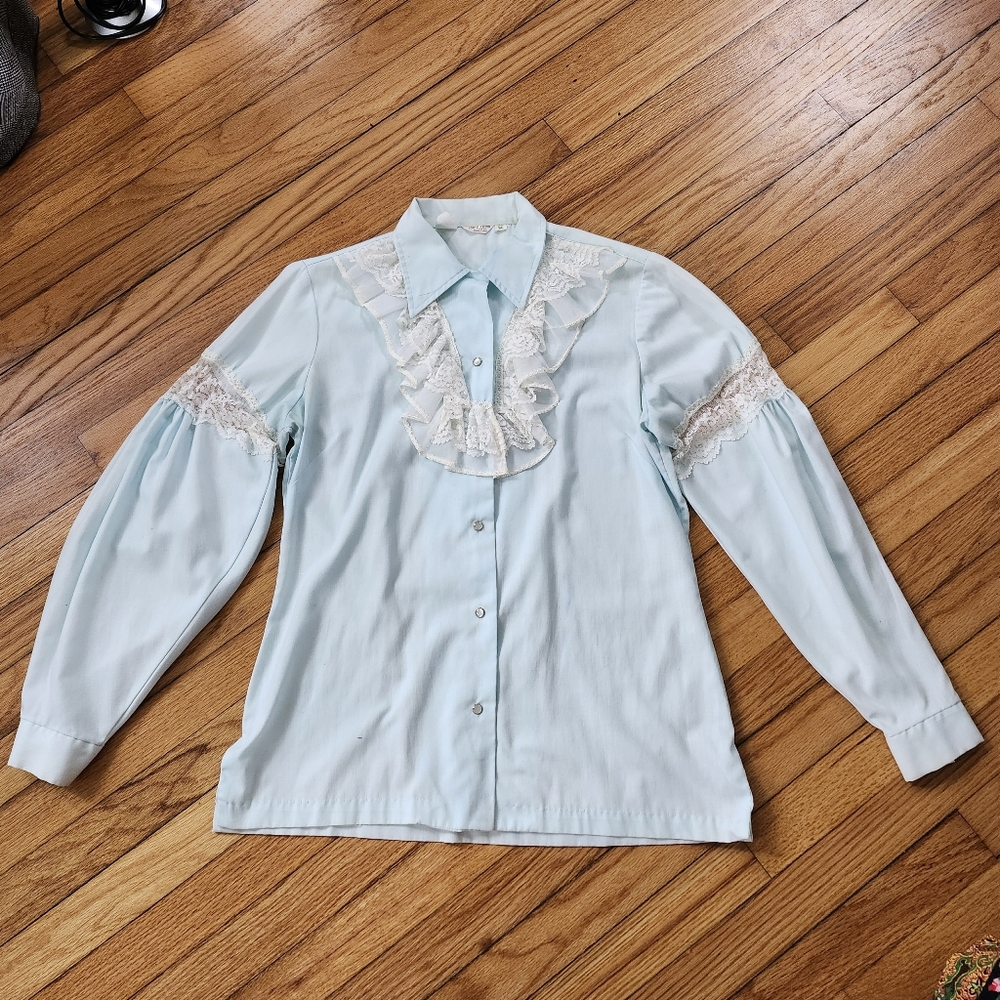 Vintage 1970s Western Victorian Light Blue Button Down Blouse with Lace Ruffle